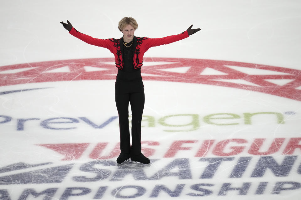 Ilia Malinin competes during the men's short program at the U.S. figure skating championships Friday, Jan. 26, 2024, in Columbus, Ohio. (AP Photo/Sue Ogrocki)