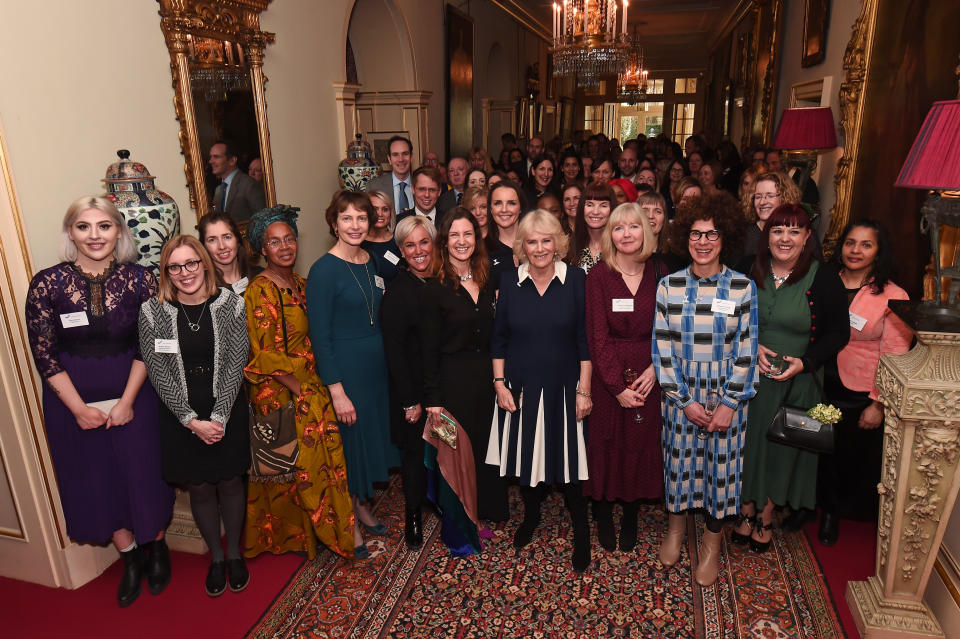 LONDON, ENGLAND - FEBRUARY 12: Camilla, Duchess of Cornwall poses with CEO of SafeLives Suzanne Jacob and guests of a reception to acknowledge the 15th anniversary of domestic abuse charity SafeLives at Clarence House on February 12, 2020 in London, England.  (Photo by Eamonn M. McCormack/Getty Images)