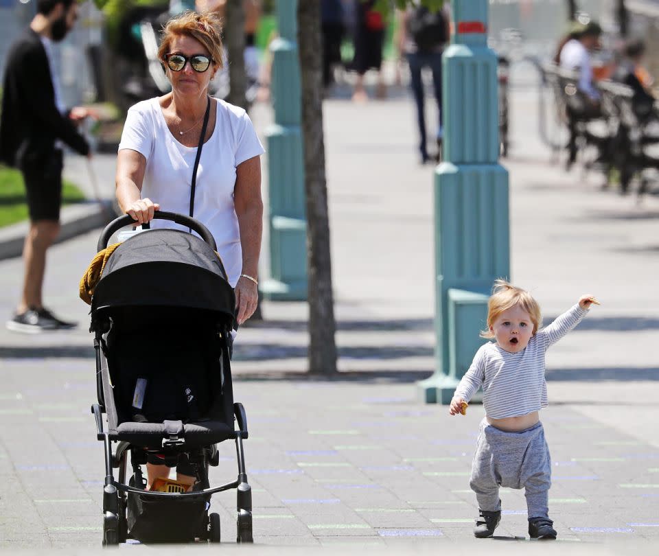 Sharon takes Lara and Sam's baby boy, Rocket Zot, for a walk. Source: Getty