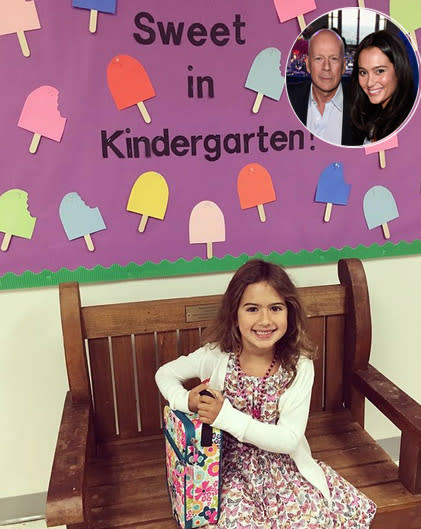 <p>“And in a blink of an eye, she’s off to kindergarten,” wrote Bruce Willis’s wife Emma along with the hashtags “#firstdayofschool” and “#mybaby.” (Photos: Emma Hemming Willis via Instagram/Getty Images) </p>