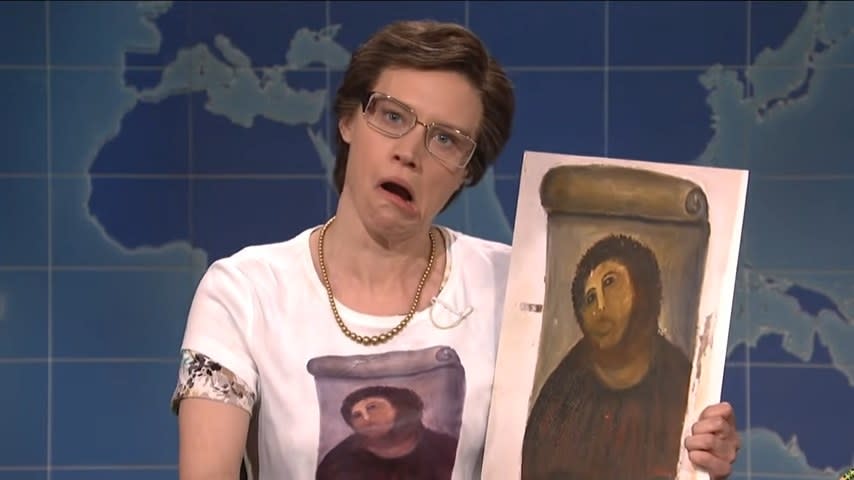 Kate McKinnon impersonating Cecilia Gimenez on Weekend Update in "Saturday Night Live"