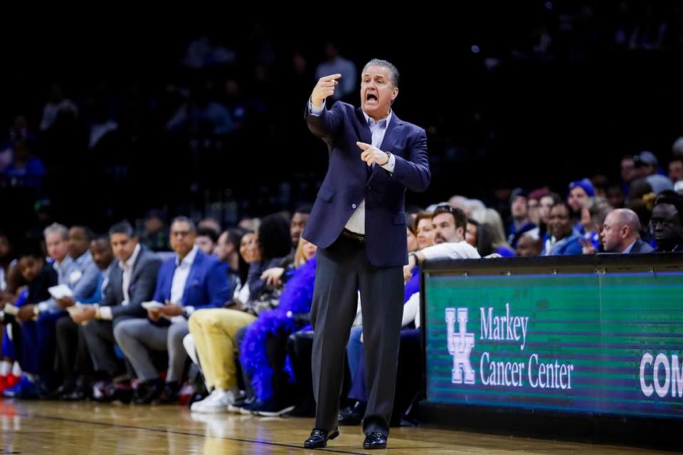 Kentucky head coach John Calipari calls to his players from the sideline during Saturday’s game against Pennsylvania at the Wells Fargo Center in Philadelphia.