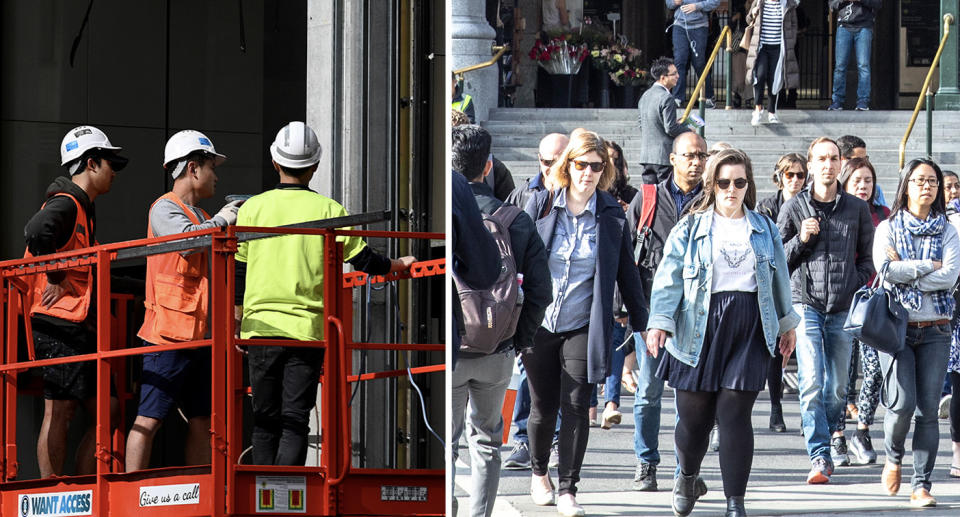 Construction workers. and pedestrians crossing a busy street to represent the ATO jobs data.