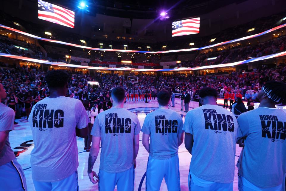 Memphis Grizzlies players wear shirts honoring Martin Luther King Jr. before their game against the Chicago Bulls at FedExForum on the national holiday named for the iconic civil rights leader on Monday, Jan. 17, 2022.