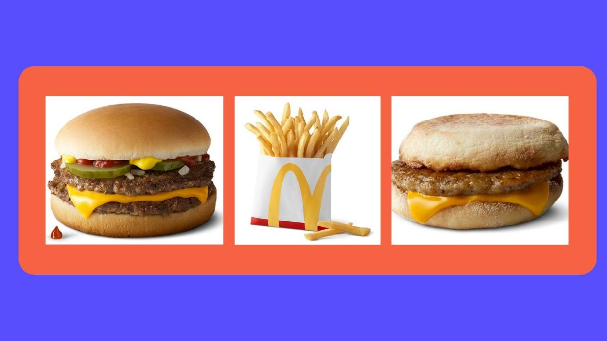 McDonald's Dollar Menu items: cheeseburger, fries, sausage McMuffin