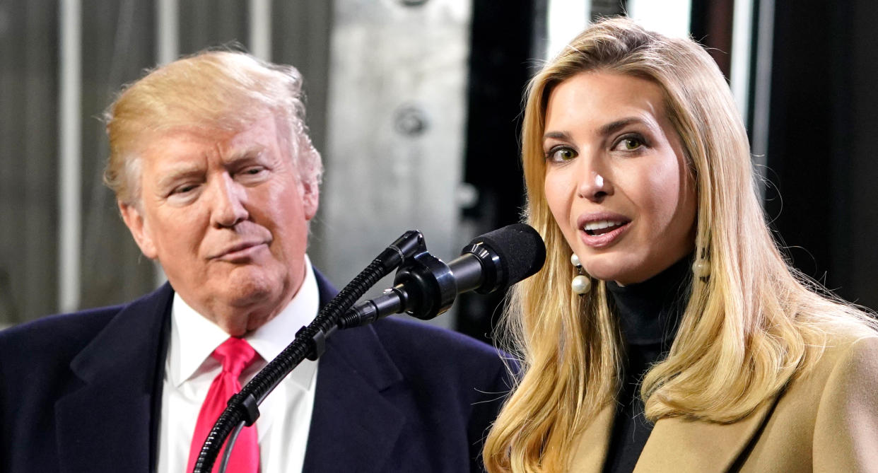 Ivanka Trump speaks next to her father, President Trump, following a tour of the H&K Equipment Company in Coraopolis, Pa., in January. (Mandel Ngan/AFP/Getty Images)