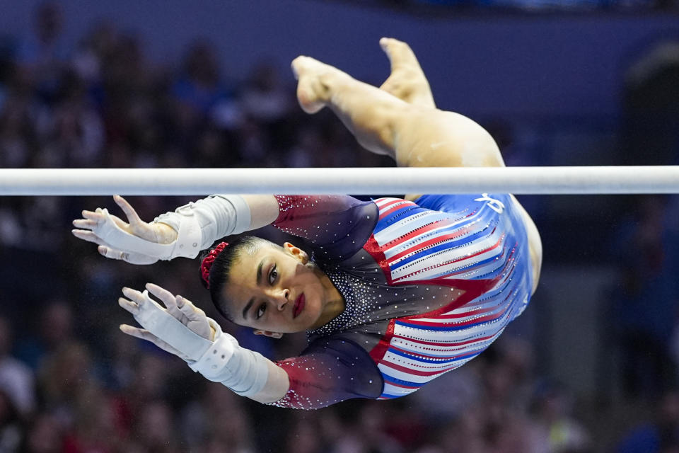 Tiana Sumanasekera competes on the uneven bars at the United States Gymnastics Olympic Trials on Sunday, June 30, 2024, in Minneapolis. (AP Photo/Abbie Parr)