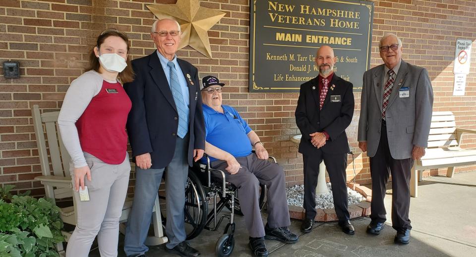 From left to right are Megan Rowe, recreation therapist for New Hampshire Veterans Home and Rochester Elks leaders Norman Gervais, Norman Sanborn Sr. (now a veterans home resident), Peter Ducharme, and Don Chesnel.