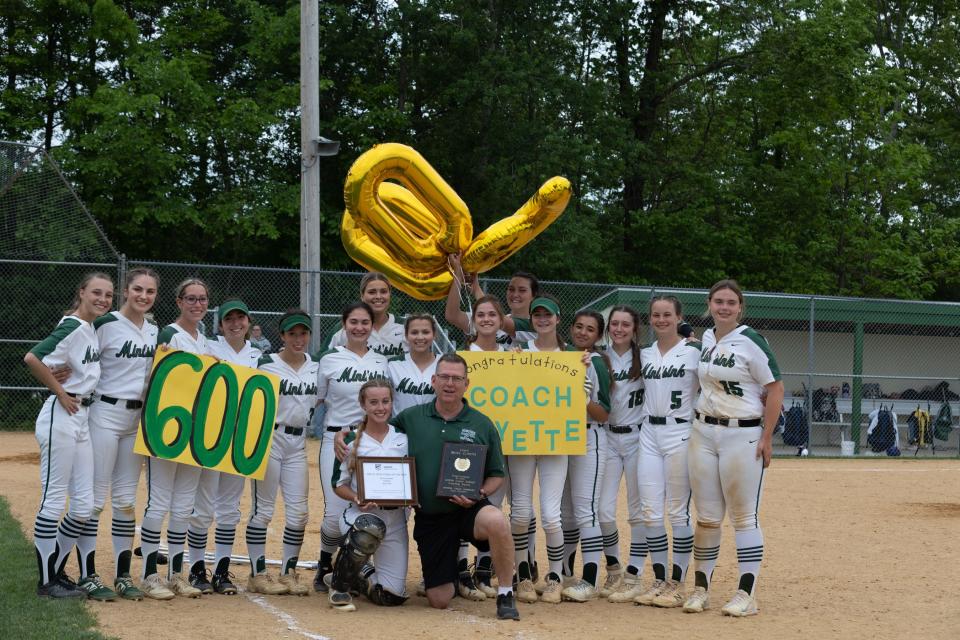 Minisink Valley softball coach Bruce Guyette celebrates his 600th career win following a Section 9 Class A semifinal win over Roosevelt on Thursday. ALLYSE PULLIAM/For the Times Herald-Record