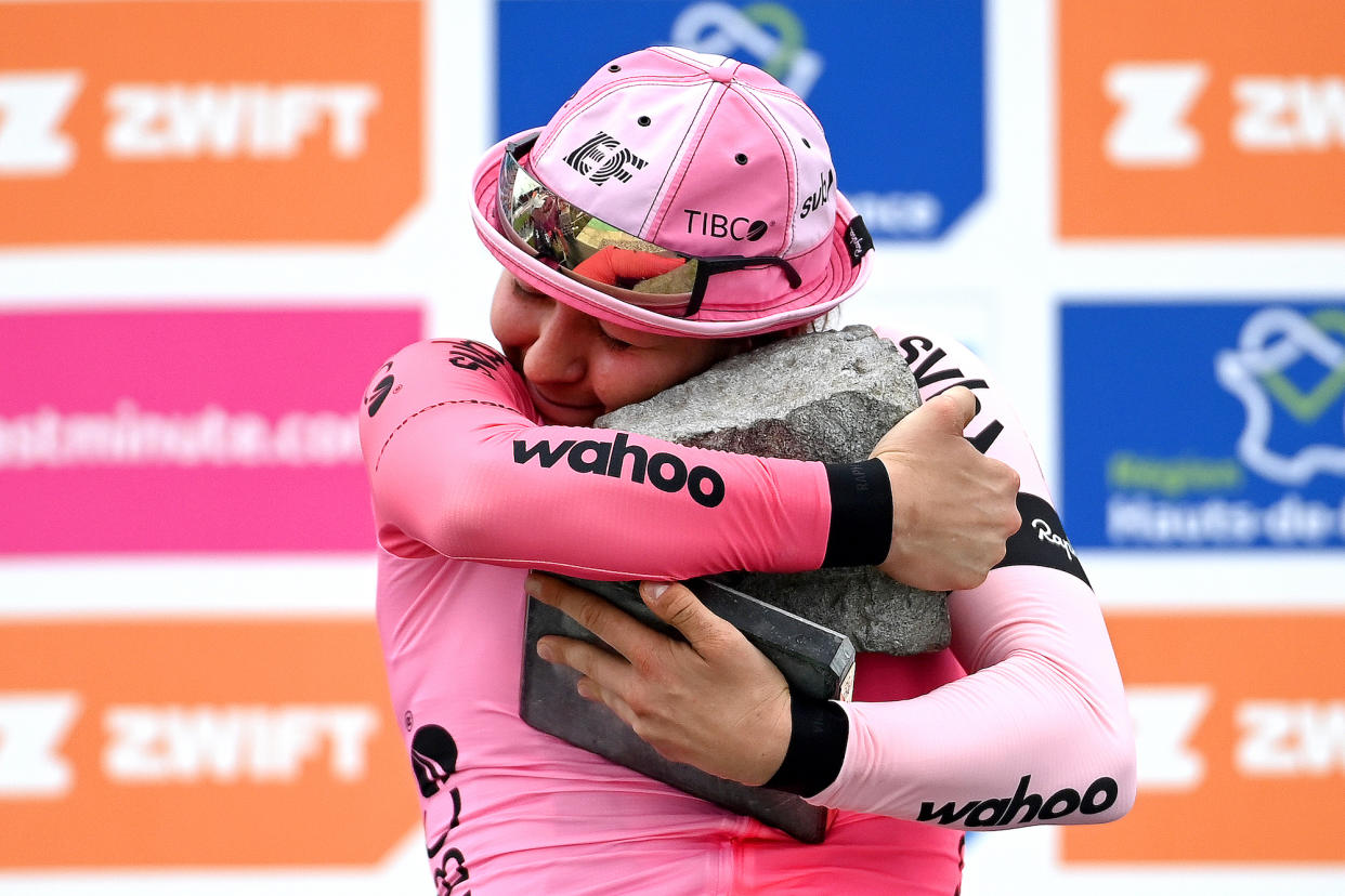  Canadian Alison Jackson celebrates her Paris-Roubaix Femmes win 