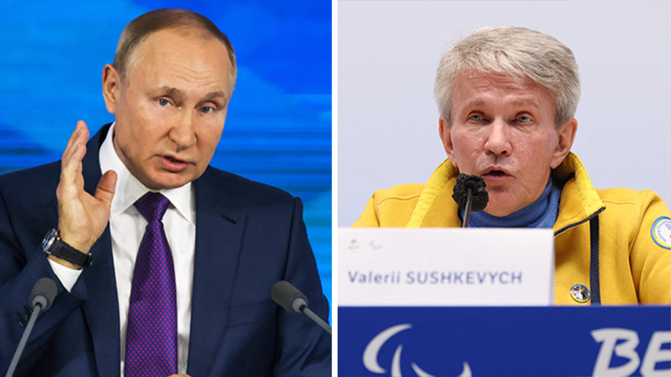 Ukraine Paralympic committee president Valeriy Sushkevych (pictured right) speaking to the media and Russian President Vladimir Putin (pictured left).