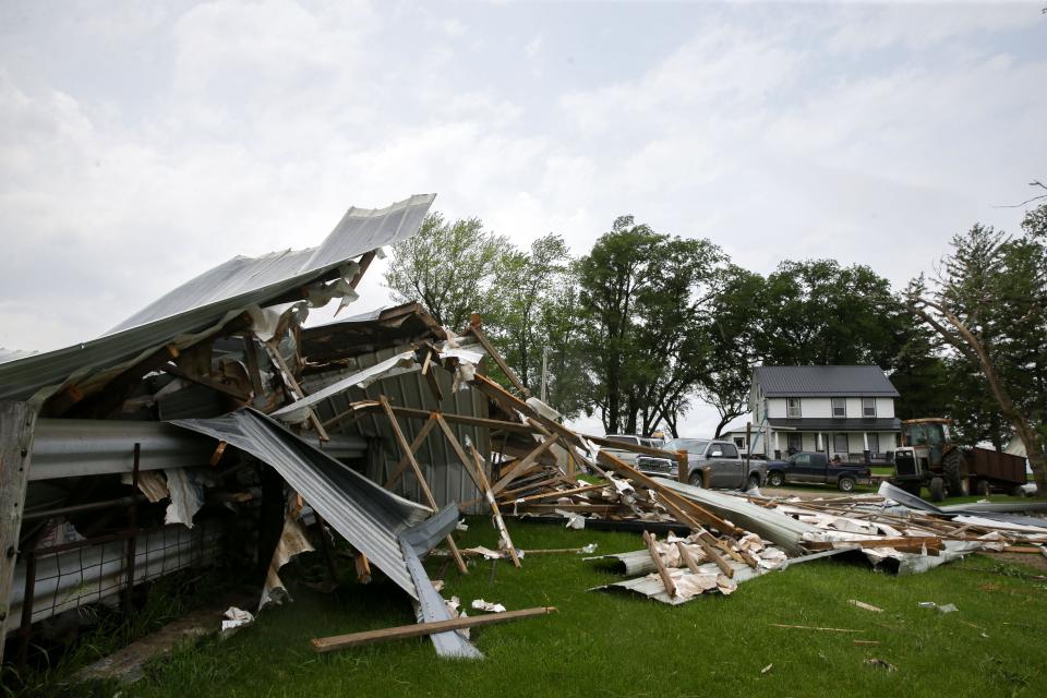 Rick Brenneman's barn was flattened after a tornado hit his property near 540th Street SW and Angle Road SW Friday, May 24, 2024 near Frytown, Iowa.