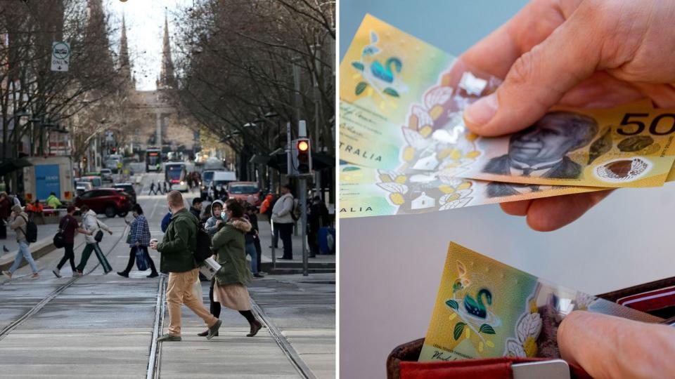 People crossing a busy street and a person removing $50 notes from a wallet