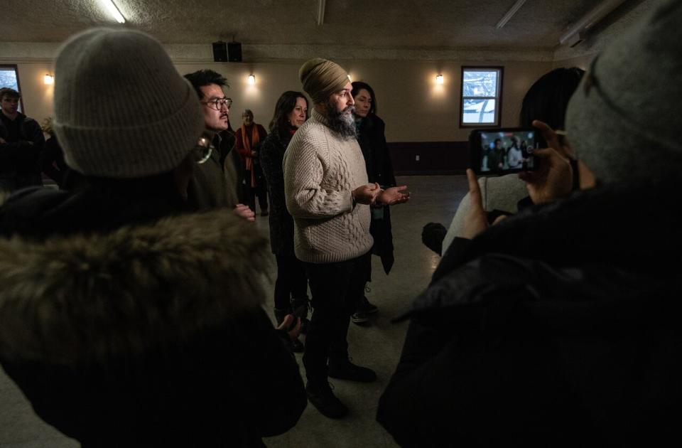 NDP Leader Jagmeet Singh speaks to media while kicking off the NDP caucus retreat in Edmonton, Alta., on Monday January 22, 2024.