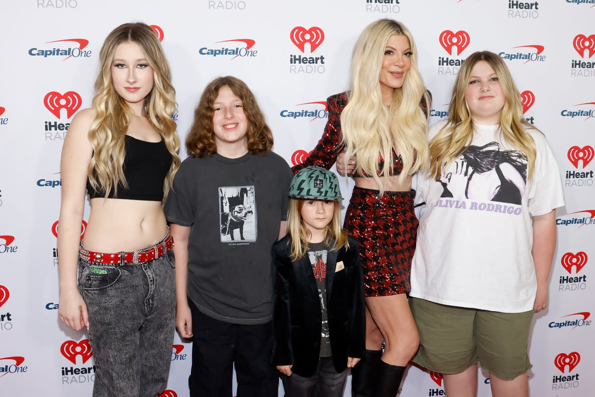 Stella Doreen McDermott, Finn McDermott, Beau Mcdermott, Tori Spelling, and Hattie McDermott attend the KIIS FM's iHeartRadio Jingle Ball 2023 Presented By Capital One at The Kia Forum on Dec. 1, 2023, in Inglewood, Calif. <p>Taylor Hill/Getty Images</p>