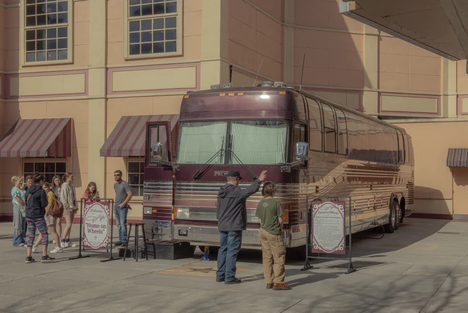 
Visitors wait in line to tour Dolly Parton's former tour bus at Dollywood in Pigeon Forge, Tennessee on Wednesday, March 30, 2022. Dollywood reopened for its 37th season in March.
(Photo by Jacob Biba for The Washington Post via Getty Images)