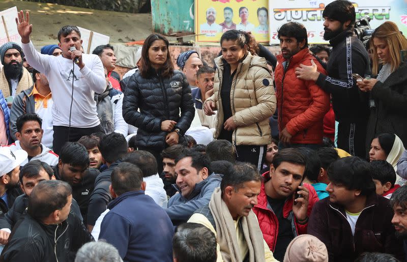 Indian wrestlers take part in a protest demanding the disbandment of the WFI and the investigation of its head by the police, who they accuse of sexually harassing female players, at Jantar Mantar in New Delhi