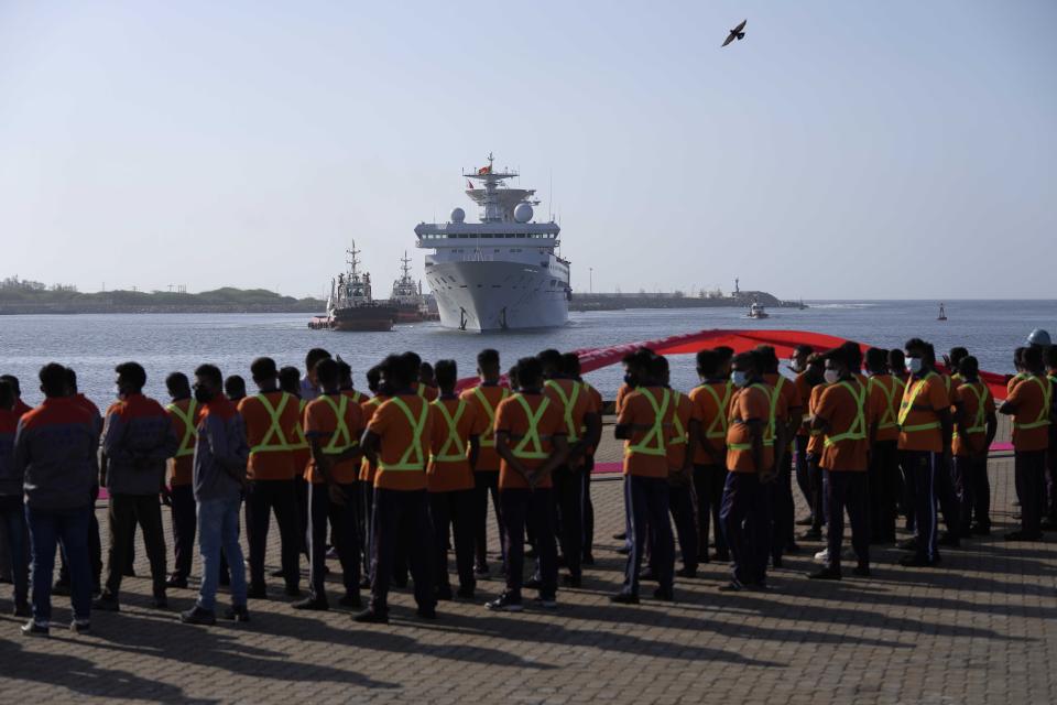 Yuan Wang 5, a Chinese scientific research ship, arrives at the port in Hambantota, Sri Lanka, Tuesday, Aug. 16, 2022. The ship, whose port call was earlier deferred due to apparent security concerns raised by India, was to arrive originally on Aug. 11 but Sri Lanka's foreign ministry asked it postponed until further consultations took place. China has been vying to expand its influence in Sri Lanka, which sits along one of the busiest shipping routes in what India considers part of its strategic backyard. (AP Photo/Eranga Jayawardena)