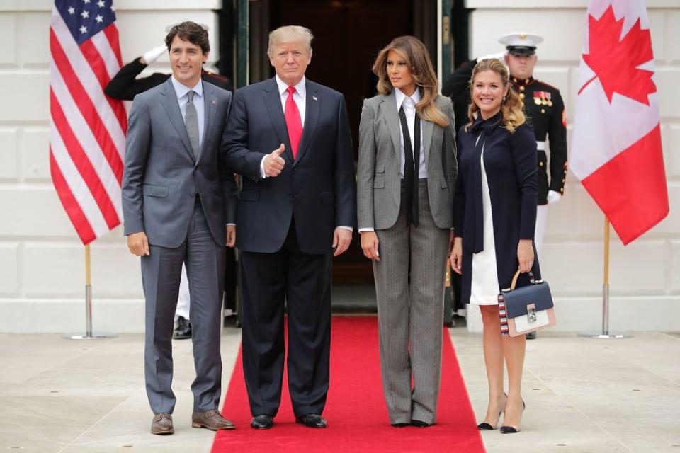 <p>She wore a suit by Ralph Lauren to meet Canadian Prime Minister Justin Trudeau and his wife, Sophie Grégoire Trudeau.</p><p><strong>RELATED: <a href="https://www.redbookmag.com/life/a50934/lara-trump-yunaska-eric-trump-wife/" rel="nofollow noopener" target="_blank" data-ylk="slk:8 Things to Know About Lara Trump, the President's Daughter-in-Law;elm:context_link;itc:0;sec:content-canvas" class="link ">8 Things to Know About Lara Trump, the President's Daughter-in-Law</a></strong><br></p>