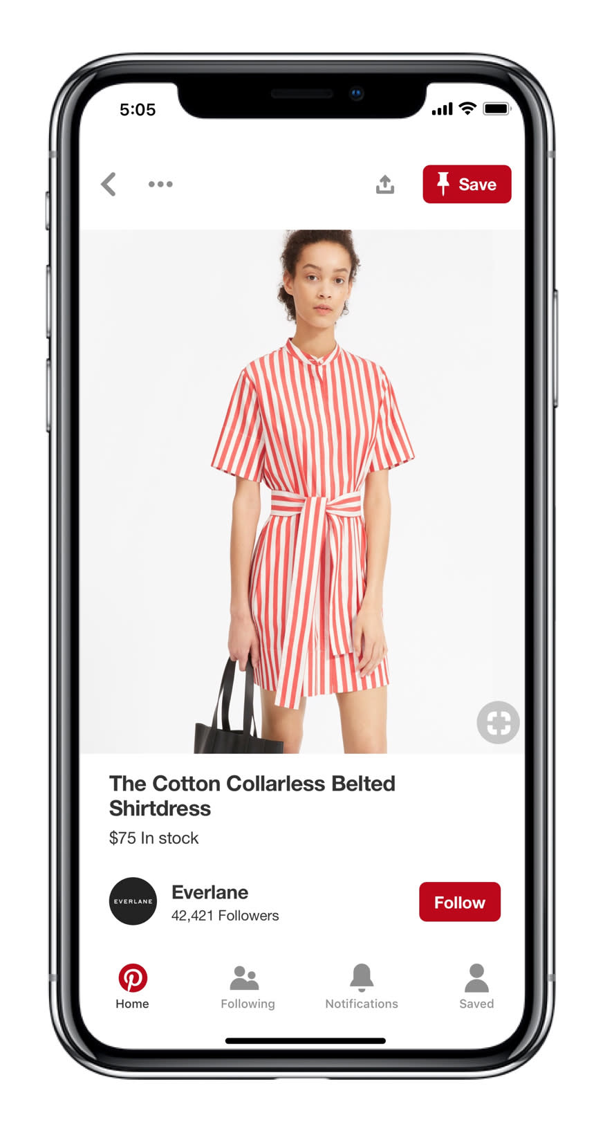 This undated product image provided by Pinterest shows a new Pinterest "product pin." In another step toward revenue growth and to give users something they’ve been asking for, the company is announcing Tuesday, Oct. 16, 2018, that it is making more of its “pins,” the photos and illustrations users post and save for inspiration, “shoppable.” While Pinterest already had such “buyable pins” where people could buy stuff, the company says these new “product pins” cover many more products and will be easier to find in search and in people’s own feeds. (Pinterest via AP)