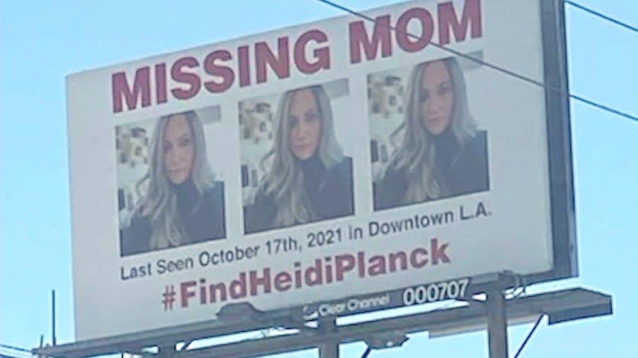 A billboard in Los Angeles shows Heidi Planck, a 39-year-old woman who disappeared on Oct. 17, 2021. (KTLA)