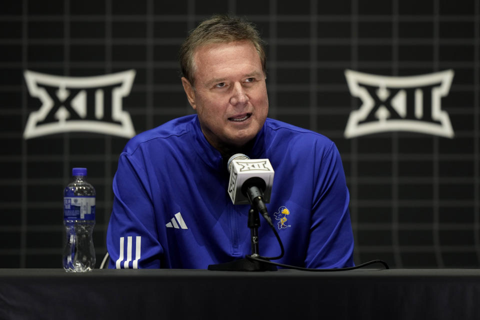 Kansas coach Bill Self speaks to the media during the NCAA college Big 12 men's basketball media day Wednesday, Oct. 18, 2023, in Kansas City, Mo. (AP Photo/Charlie Riedel)