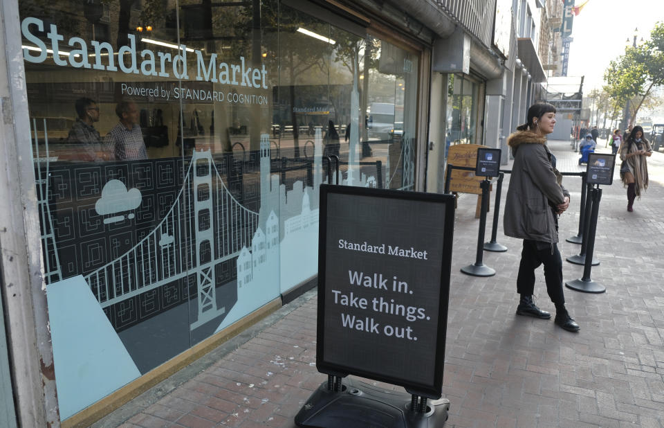 FILE - This Nov. 14, 2018, file photo shows the Standard Cognition cashier-less store on Market Street in San Francisco. A small number of restaurants and stores are going cash-free in the U.S., looking to cater to customers who increasingly pay with a card or smartphone. But a backlash is growing against the practice that some say discriminates against those who lack back accounts or rely on cash for most of their daily transactions. (AP Photo/Eric Risberg, File)