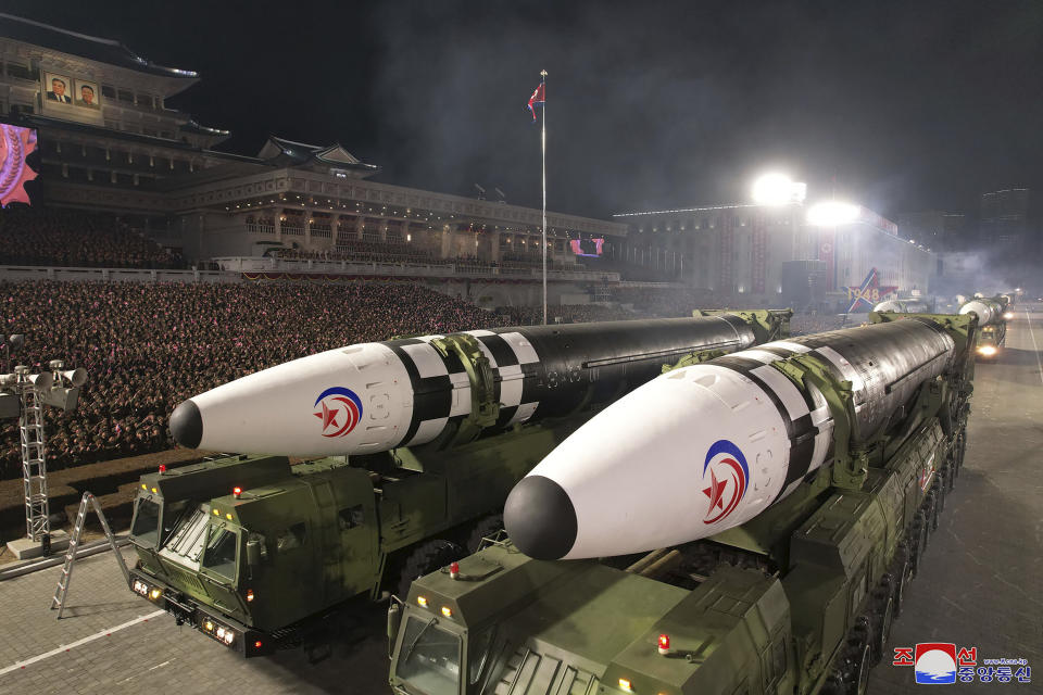 This photo provided by the North Korean government, shows what it says intercontinental ballistic missiles during a military parade to mark the 75th founding anniversary of the Korean People’s Army on Kim Il Sung Square in Pyongyang, North Korea Wednesday, Feb. 8, 2023. Independent journalists were not given access to cover the event depicted in this image distributed by the North Korean government. The content of this image is as provided and cannot be independently verified. Korean language watermark on image as provided by source reads: "KCNA" which is the abbreviation for Korean Central News Agency. (Korean Central News Agency/Korea News Service via AP)