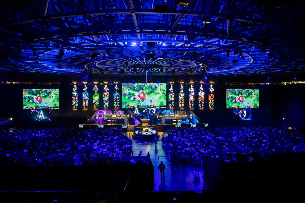 05 May 2023, Berlin: E-Sport: ESL One Berlin Dota 2 Major, Second Major Tournament of the Dota Pro Circuit 2023, Final Weekend, Velodrom. Team Aster from China (l) and Team Liquid (r) from the Netherlands compete against each other. Photo: Christoph Soeder/dpa (Photo by Christoph Soeder/picture alliance via Getty Images)