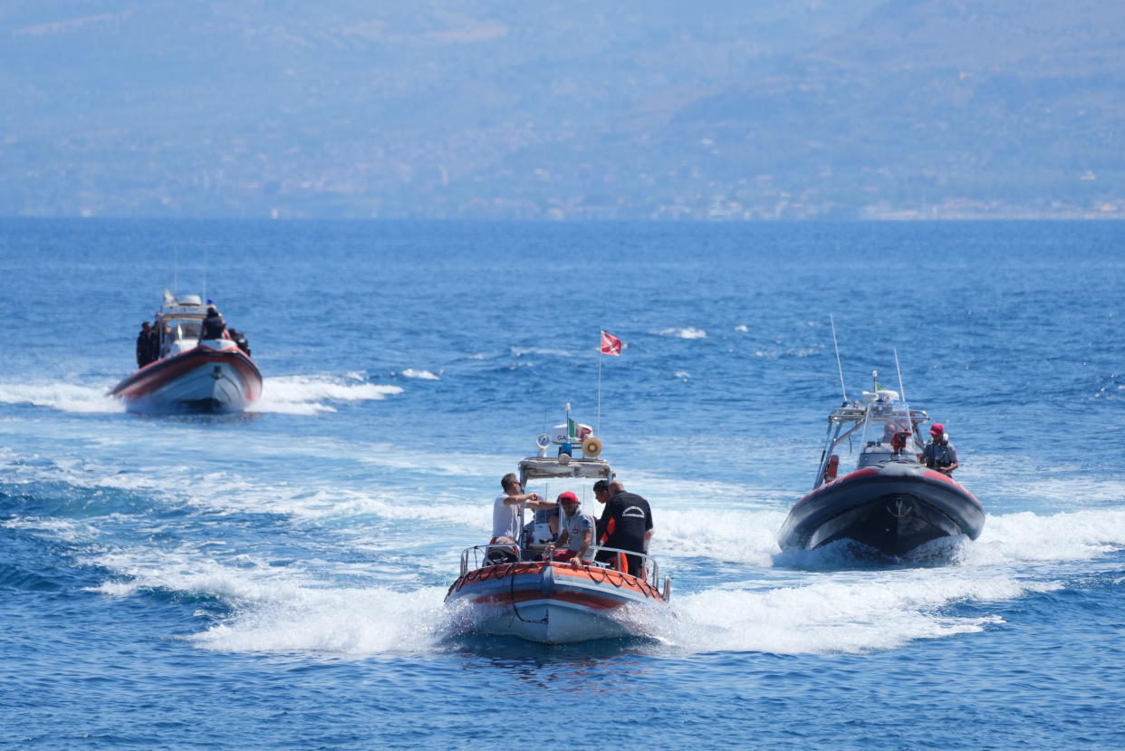 Fire service and Coastguard dive teams return to port on the fourth day of the search and recovery operation after the luxury yacht Bayesian sank in a storm on Monday whilst moored around half a mile off the coast of Porticello, Sicily. The bodies of five of those missing were found on Wednesday, with four recovered, but the whereabouts of the missing sixth person remains unknown. Picture date: Thursday August 22, 2024. (Photo by Jonathan Brady/PA Images via Getty Images)