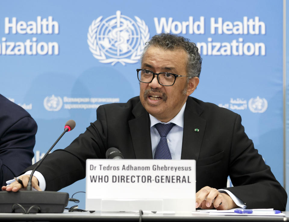 Tedros Adhanom Ghebreyesus, Director General of the World Health Organization (WHO), addresses a press conference about the update on COVID-19 at the World Health Organization headquarters in Geneva, Switzerland, Monday, Feb. 24, 2020. (Salvatore Di Nolfi/Keystone via AP)