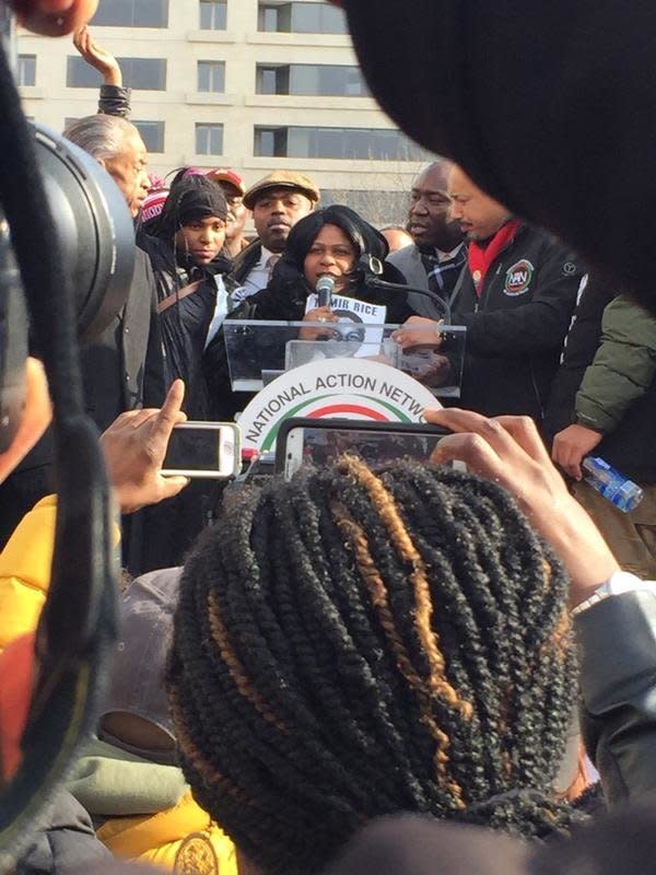 Samaria Rice, mother of Tamir Rice, speaks to people gathered in Freedom Plaza on Dec. 13, 2014.