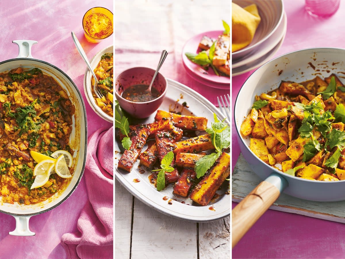 Aubergine dhansak; Mowgli sticky fingers; paneer, cashew and mango curry  (Gareth Morgans/PA)