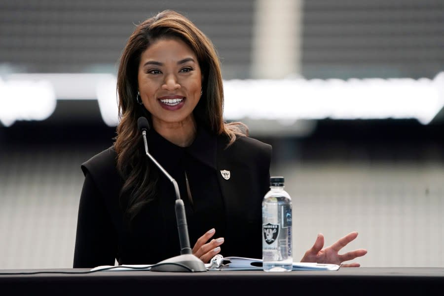 Sandra Douglass Morgan speaks during a news conference announcing her as the new president of the Las Vegas Raiders NFL football team on Thursday, July 7, 2022, in Las Vegas. (AP Photo/John Locher)