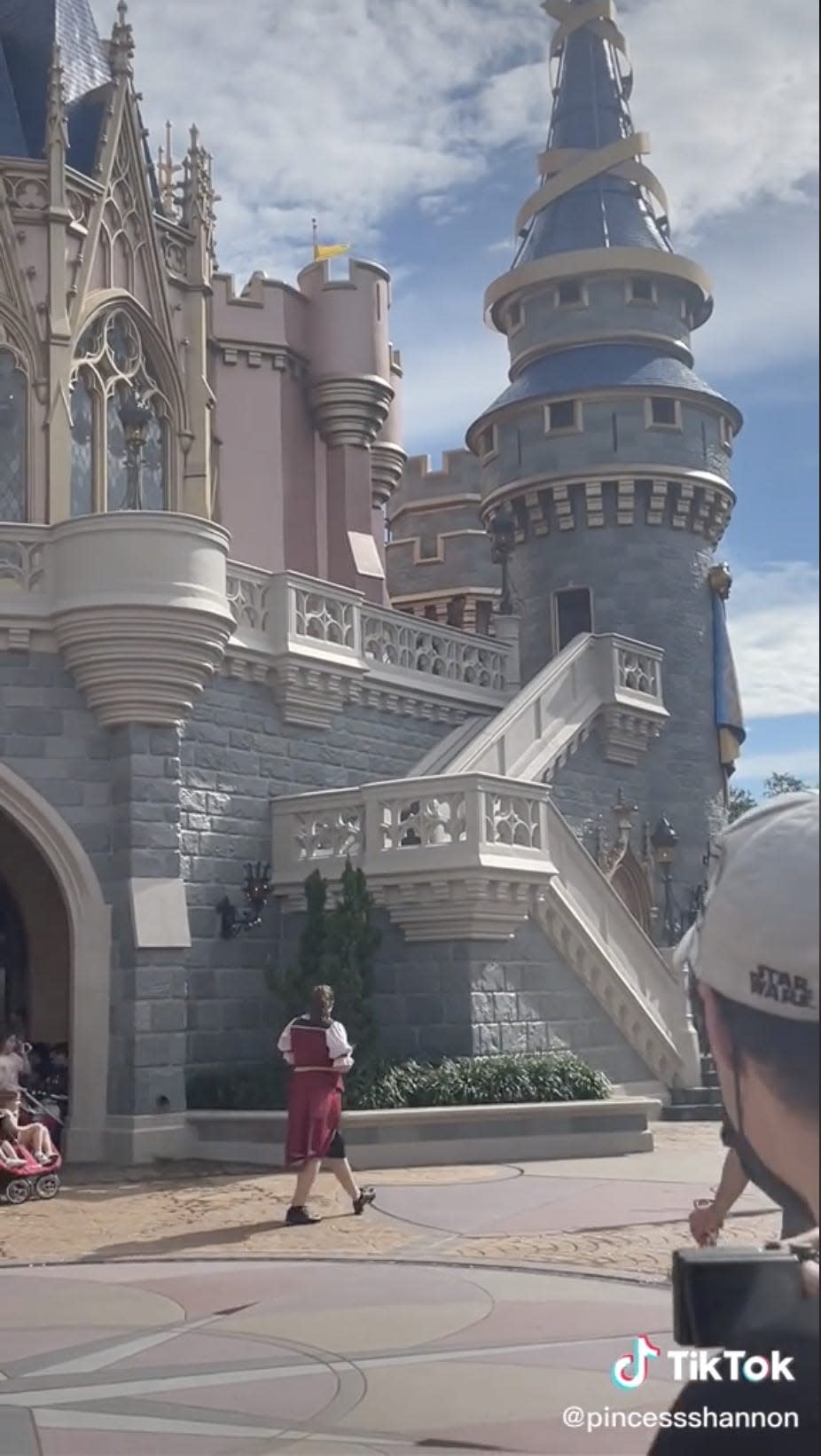 A Disney employee watches a man standing atop Cinderella Castle.