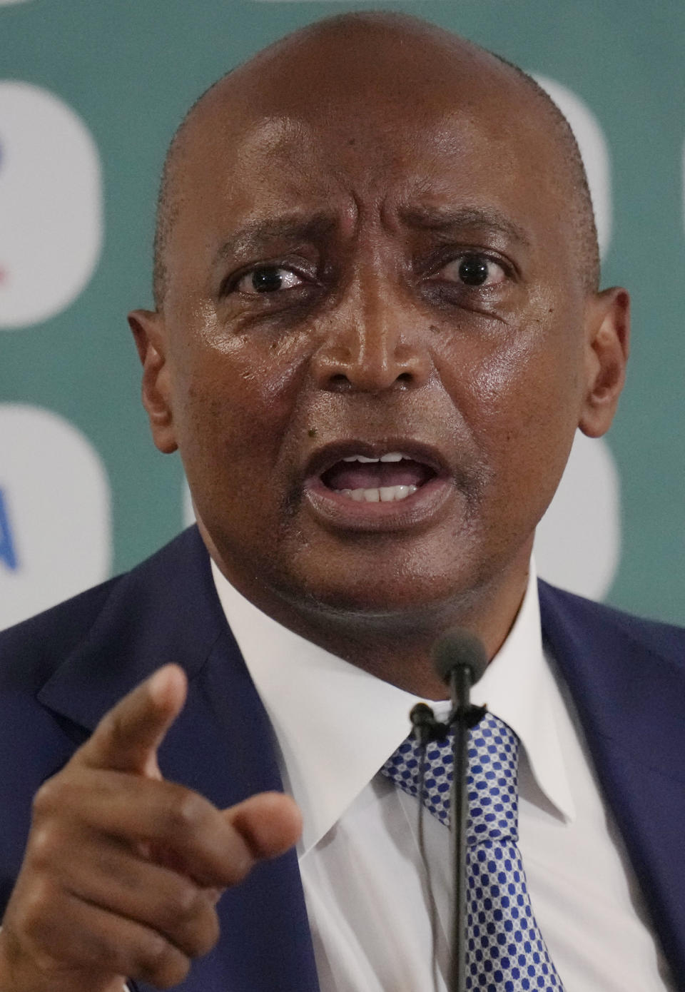 CAF president Patrice Motsepe speaks during media conference at the Ahmadou Ahidjo stadium in Yaounde, Cameroon, Tuesday, Jan. 25, 2022. (AP Photo/Themba Hadebe)