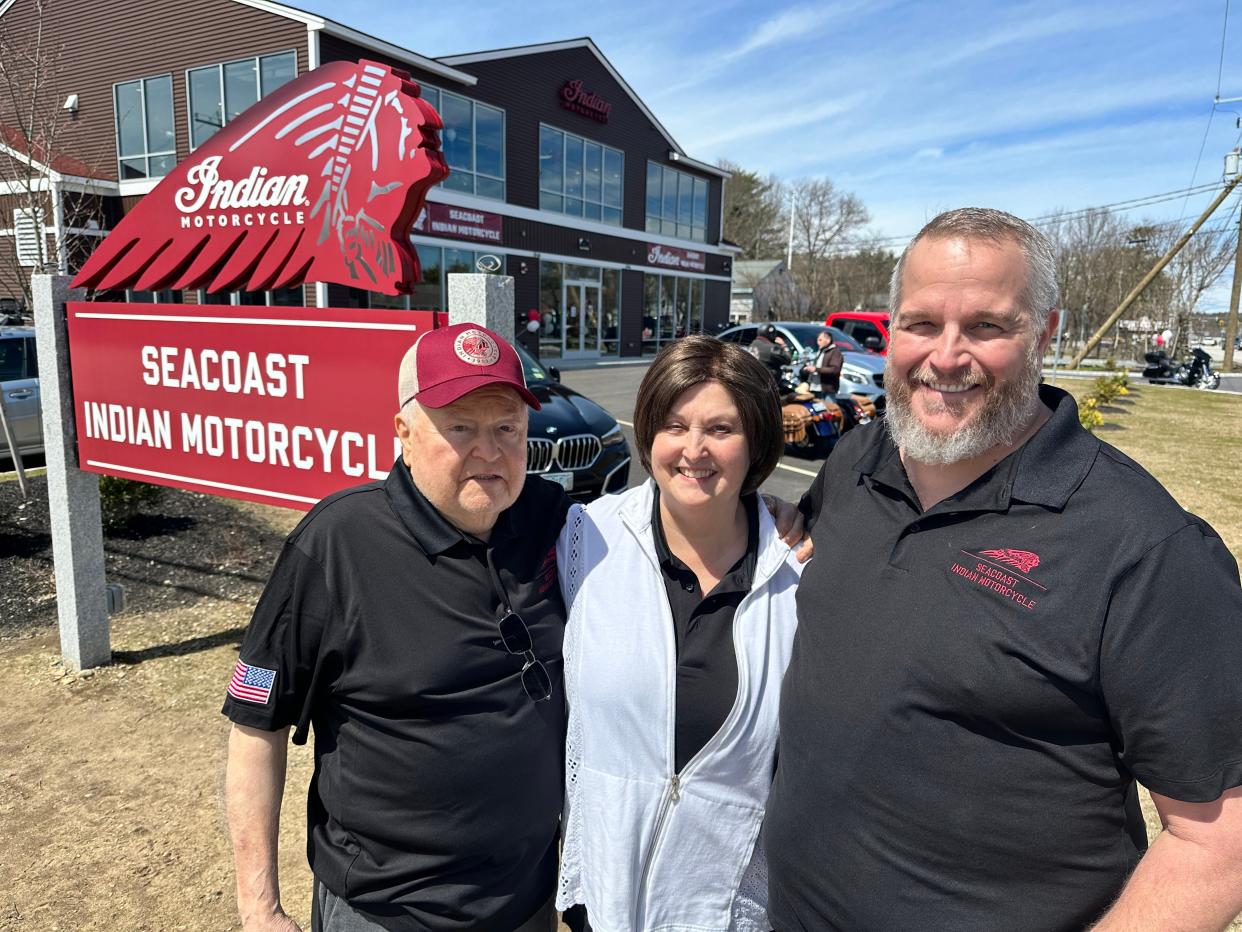 Seacoast Indian Motorcycle has opened its doors at the former Golden Garden Chinese Restaurant location at 32 Lafayette Road. Pictured is owner Richard Nault, his wife Karen Nault and his general manager and CEO, Curt Grenier.