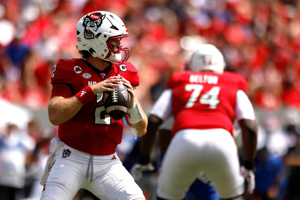 RALEIGH, NORTH CAROLINA – SEPTEMBER 14: Grayson McCall #2 of the NC State Wolfpack drops back to pass against the Louisiana Tech Bulldogs during the first half of game at Carter-Finley Stadium on September 14, 2024 in Raleigh, North Carolina. (Photo by Lance King/Getty Images)