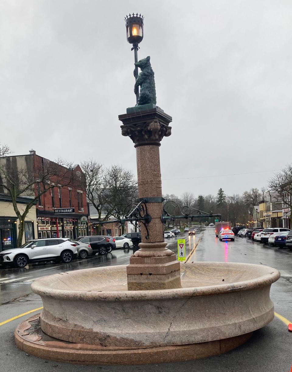 A pickup truck towing a trailer struck Geneseo's iconic fountain and moved its multi-ton lower granite basin a few inches Wednesday, April 3, 2024. The central column and bear statue apparently were not affected.