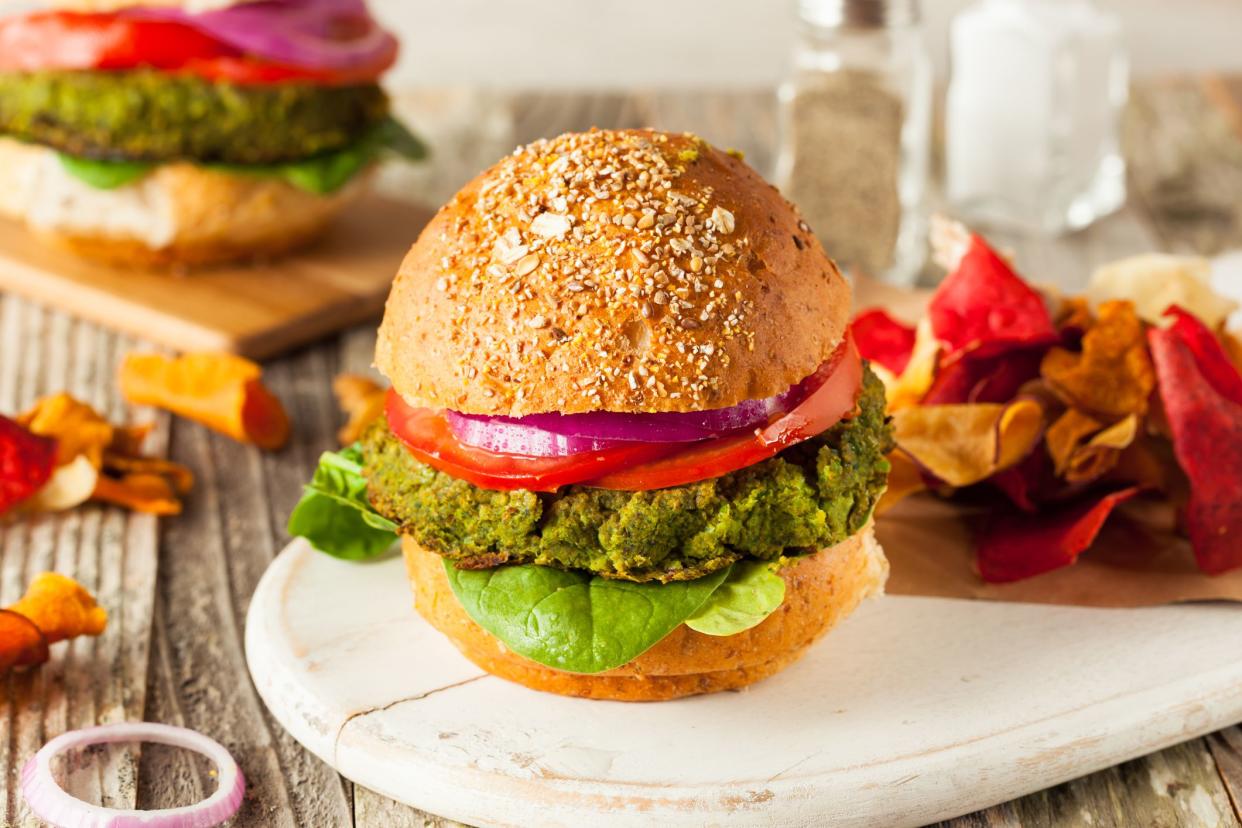 Homemade Green Vegan Burgers with Lettuce and Tomato