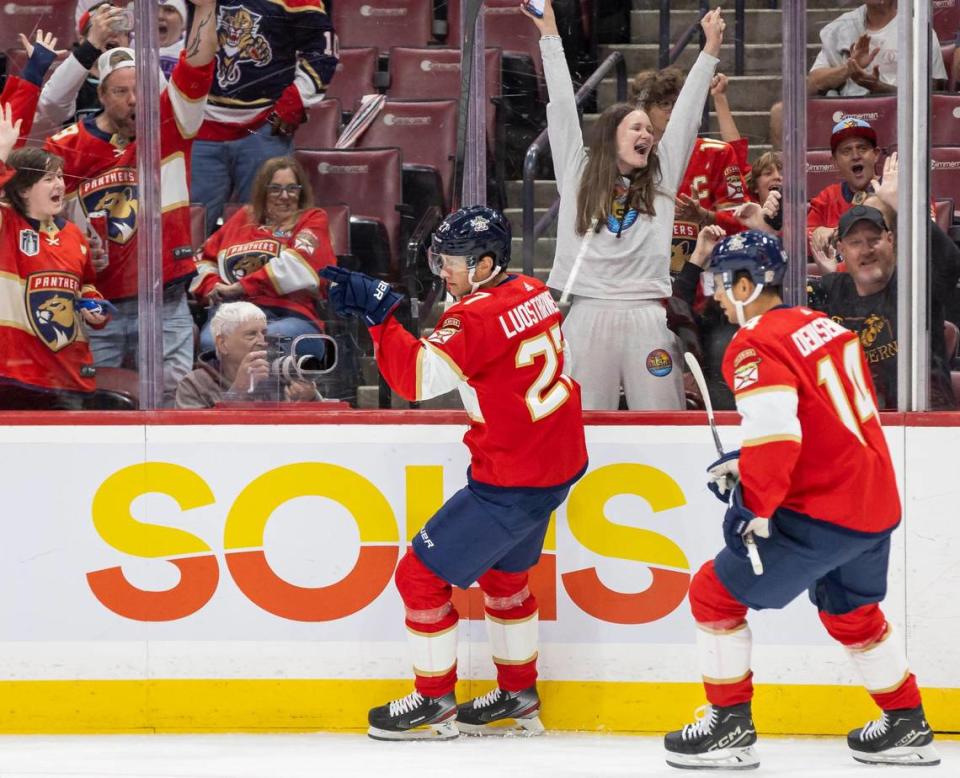 Florida Panthers forward Eetu Luostarinen (27) celebrates after scoring a goal against the Nashville Predators in the first period of an NHL preseason game at the Amerant Bank Arena on Monday, Sept. 25, 2023, in Sunrise, Fla.