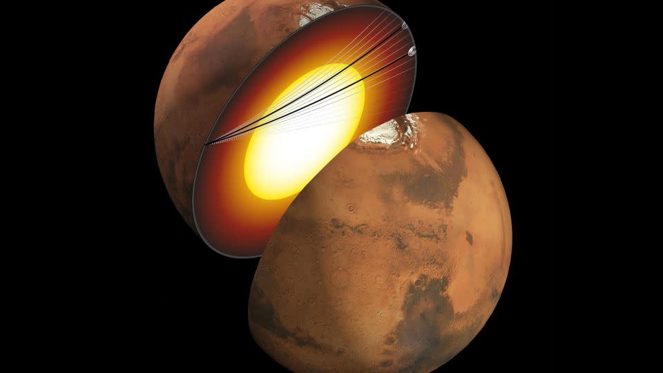 An artist's concept shows a cutaway of Mars along with the paths of seismic waves from two separate quakes detected by InSight in 2021. - NASA/JPL-Caltech/University of Maryland