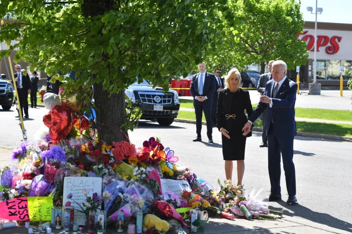 President Biden and Jill Biden visit a memorial near the site of the Tops grocery store massacre in Buffalo. 