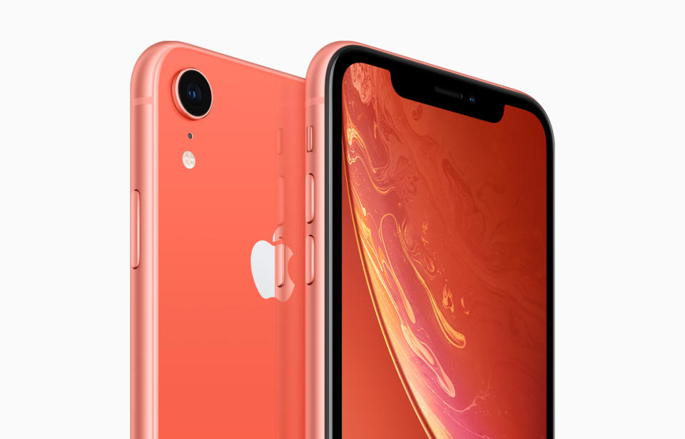 Front and back of a coral-colored iPhone XR