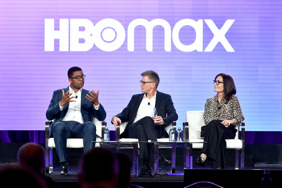 PASADENA, CALIFORNIA - JANUARY 15: (L-R) TNT, TBS, truTV, HBO & HBO Max Content Acquisition EVP Michael Quigley, HBO Max CCO and TNT, TBS, & truTV President Kevin Reilly and HBO Max Head of Original Content Sarah Aubrey appear onstage during the HBO Max executive session segment of the 2020 Winter Television Critics Association Press Tour at The Langham Huntington, Pasadena on January 15, 2020 in Pasadena, California. 697450 (Photo by Emma McIntyre/Getty Images for WarnerMedia)