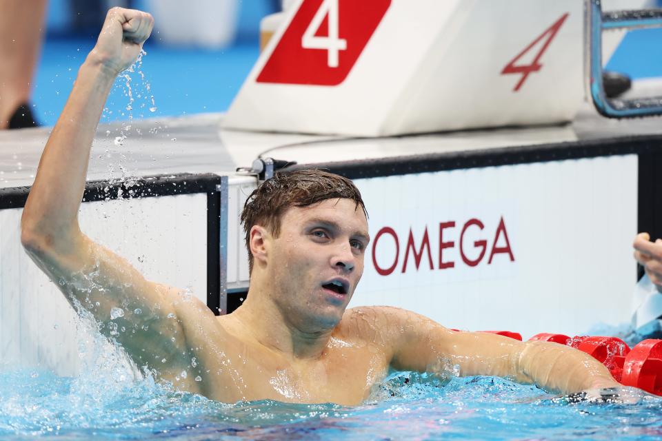 Robert Finke of Team United States celebrates after winning the gold medal in the Men's 800m Freestyle Final on day six of the Tokyo 2020 Olympic Games at Tokyo Aquatics Centre on July 29, 2021 in Tokyo, Japan.  (Getty Images)