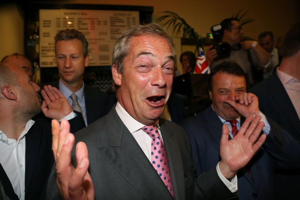 Ukip leader Nigel Farage eacts at the Leave.EU referendum party at Millbank Tower, central London, on June 24, 2016 (Geoff Caddick / AFP / Getty)