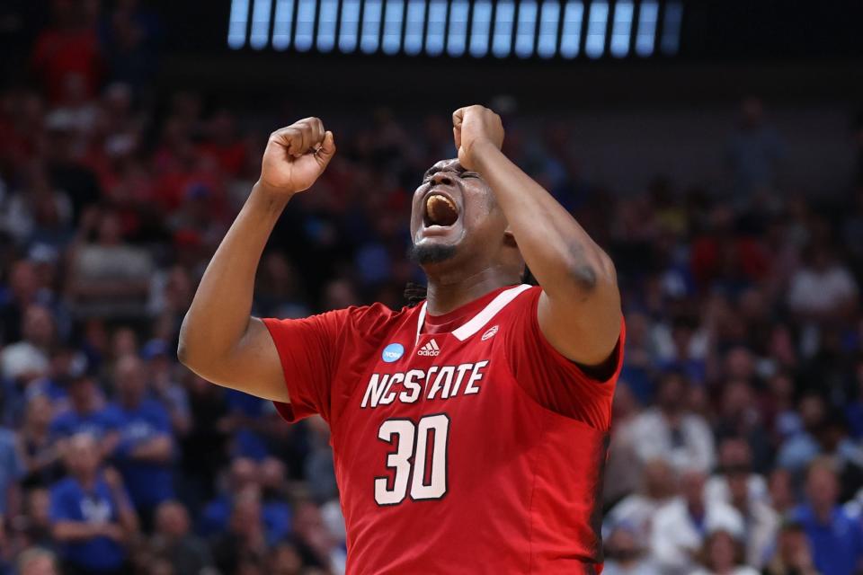 North Carolina State Wolfpack forward DJ Burns Jr. (30) reacts in the second half during the Elite Eight game against the Duke Blue Devils in the 2024 NCAA Tournament.