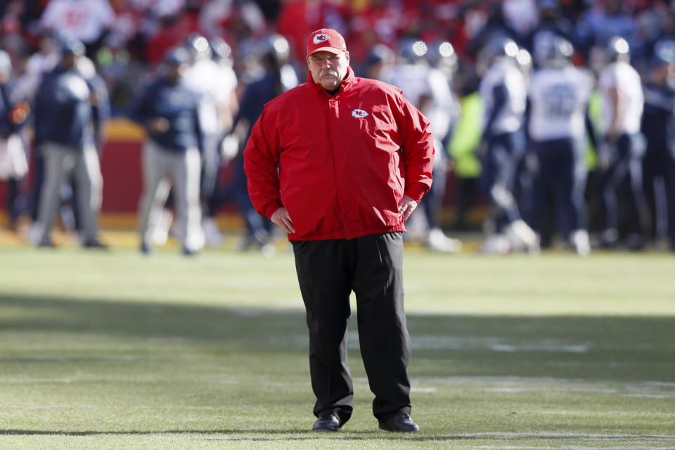 Kansas City Chiefs head coach Andy Reid watches warm ups before the NFL AFC Championship football game against the Tennessee Titans Sunday, Jan. 19, 2020, in Kansas City, MO. (AP Photo/Charlie Neibergall)