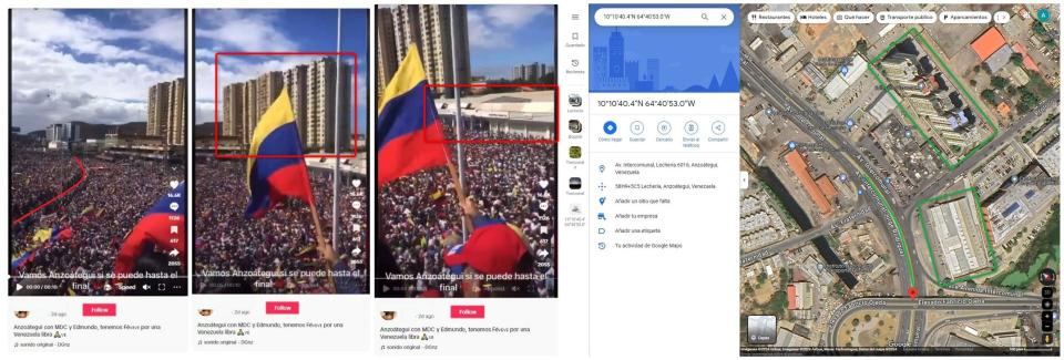 <span>Comparación entre capturas de pantalla de una publicación en TikTok (I) y una ubicación en Google Maps, hecha el 12 de julio de 2024</span>